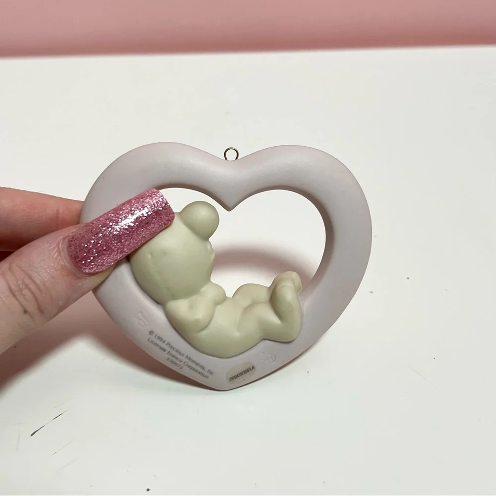 Vintage retro 90s pastel precious moments teddy bear heart shaped ornament
